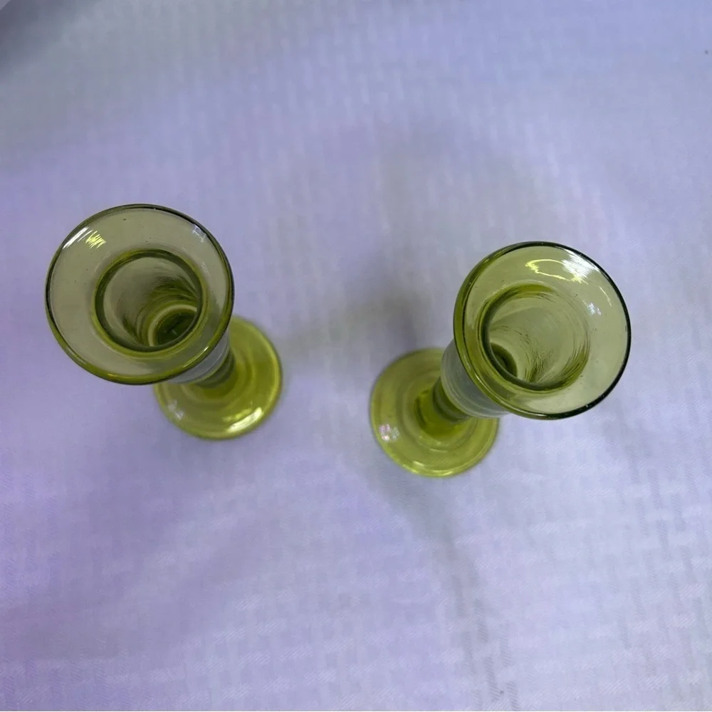 Vintage Pair Jamestown Glasshouse Hand Blown Green Glass Candle Holders